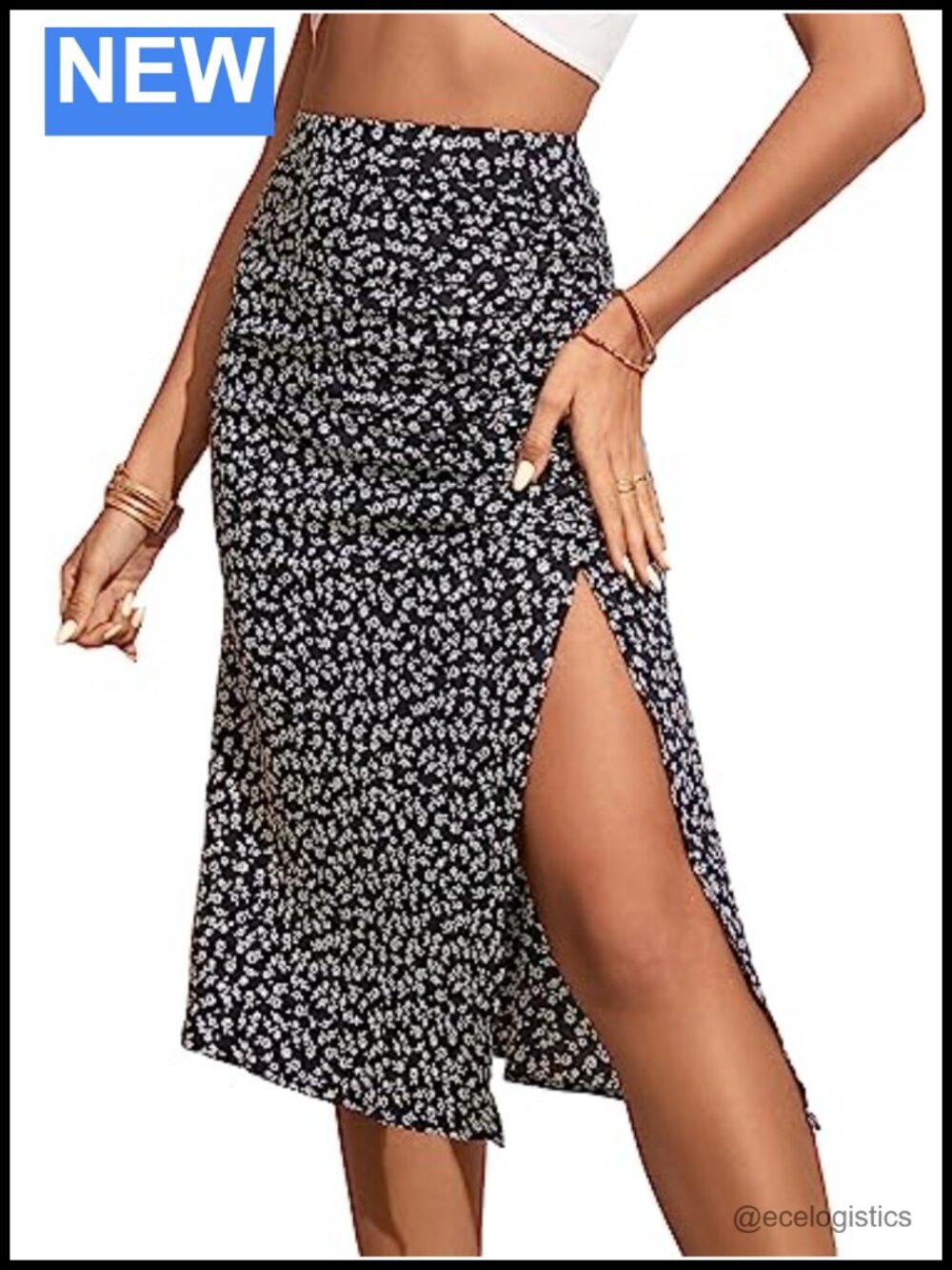 Boho Floral Print High Waisted A Line Split Midi Skirt